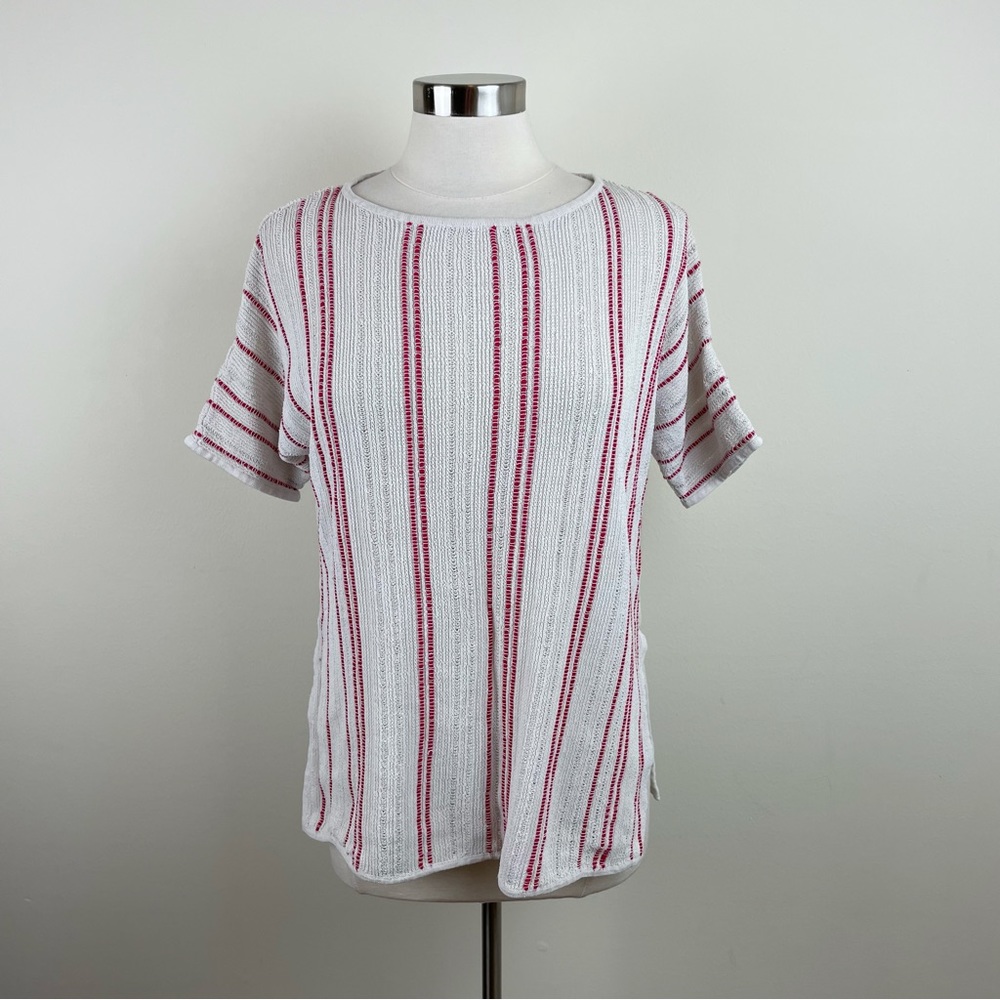 Per Se By Carlisle Linen Blend Cream White Red Stripe Short Sleeve Top Women